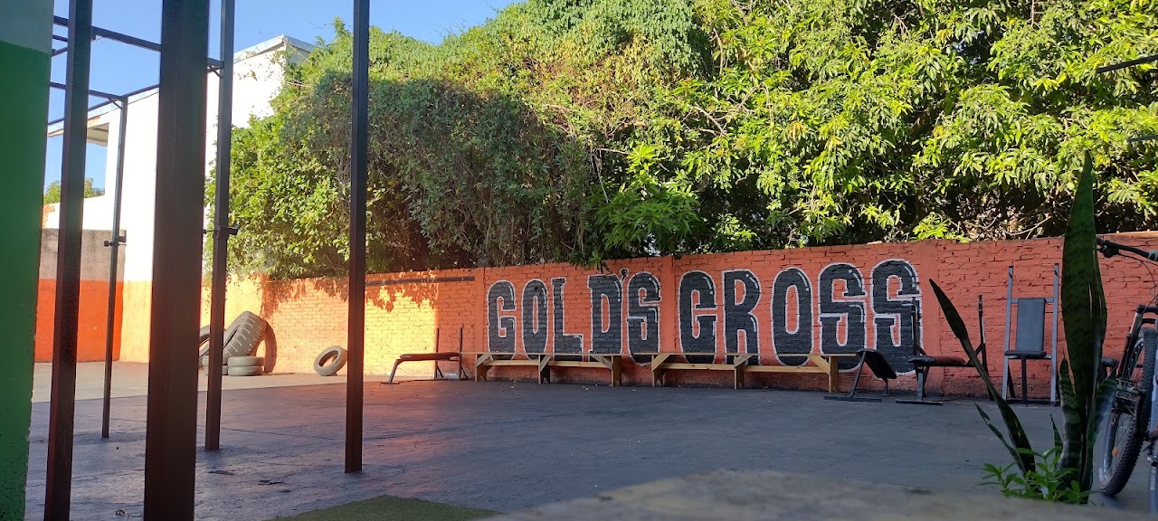 Área outdoor de Golds Gym Corrientes con rack y neumáticos